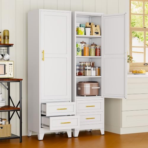 67" Tall Narrow Metal Storage Cabinet, Freestanding Pantry Organizer, White