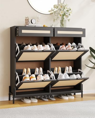 GarveeHome Rattan Shoe Cabinet Storage with 4 Flip Drawers & 2 Top Drawers, Freestanding Shoe Organizer Wooden Slim Shoe Rack Storage with Adjustable Shelves for Entry, Hallway, Porches, Black