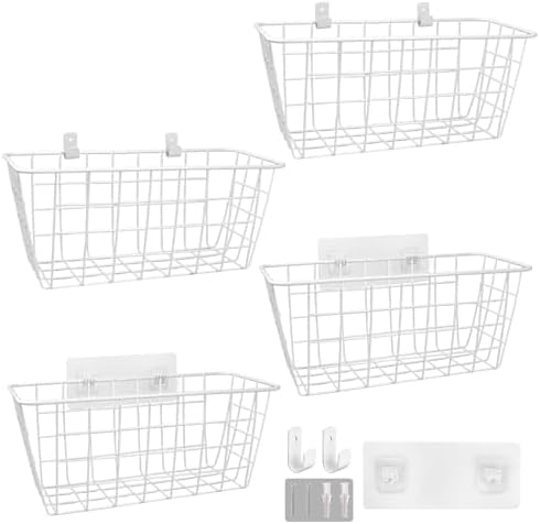 Wire Hanging Wall Basket, 4 White Metal Baskets, Adhesive Cabinet Organizer