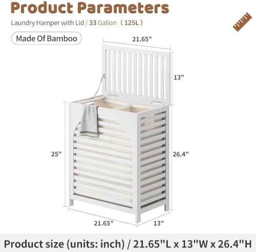 Laundry Hamper with Lid, Bamboo with Handles and Removable Liner Bag, 125L La...