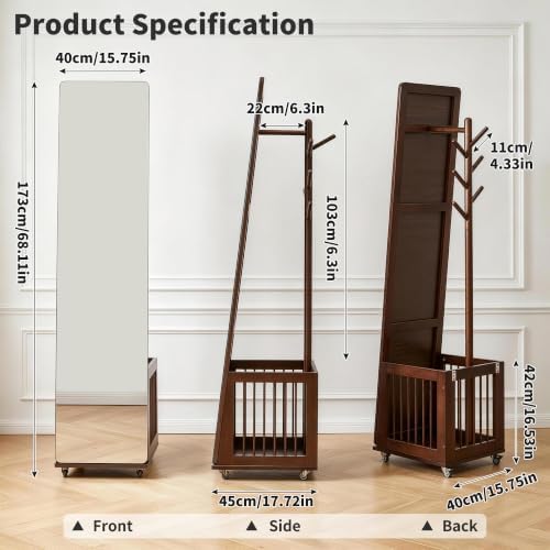 Solid Wood Rolling Coat Rack full length mirror with Storage Basket, Freestan...