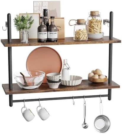 Bestier 31" Industrial Pipe Wall Shelf with Towel Bar, Rustic Brown
