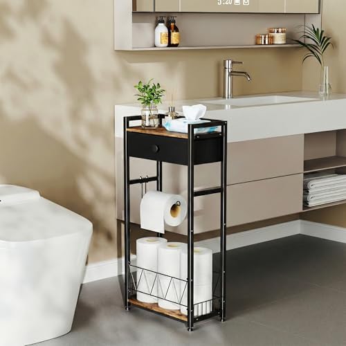 Freestanding Toilet Paper Holder Stand with Storage Drawer, Narrow Bathroom S...