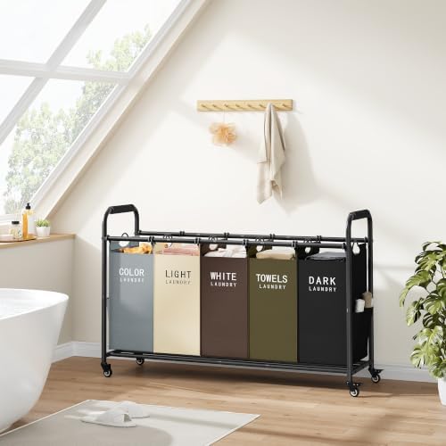 Tajsoon 5 Bag Laundry Sorter Cart, Laundry Hamper 5 Section, 5 Colors