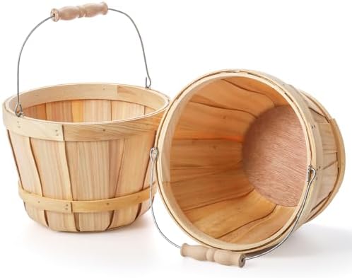 Okllen 2 Pack Round Wooden Baskets with Handle, Empty Wood Fruit Buckets, Eas...