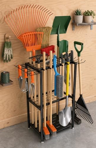 Faesun Garden Tool Organizer, 3-Tier Metal Yard Tool Rack with 14 Hooks &...