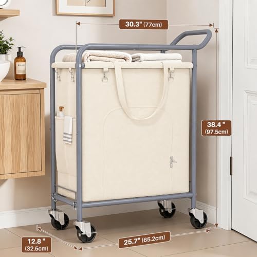 Laundry Basket with Wheels, Rolling Laundry Hamper with 38.4" Tall Handl...