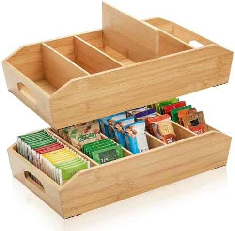 Pumtus 2 Pack Bamboo Pantry Organizers, Storage Bin with Removable Dividers, ...