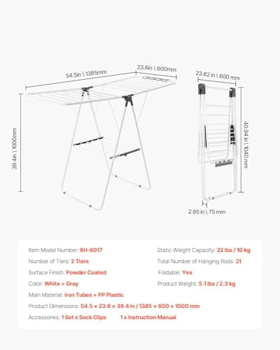 VEVOR Clothes Drying Rack, 2-Tier Foldable Laundry Dryer Rack with Sock Clips...