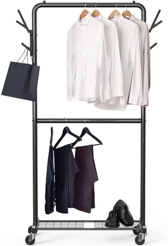 Simple Houseware Double Rod Clothes Rack with Wheels, Hooks & Shelf, Black