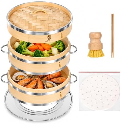 2-Tier Bamboo Seafood Steamer Basket 10 Inch for Cooking Dumplings, Vegetable...