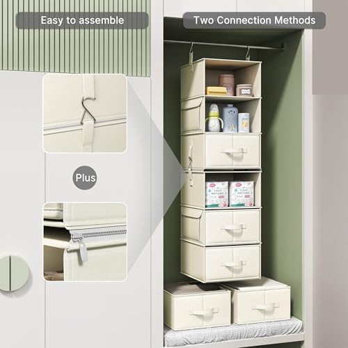 6-Shelf Hanging Closet Organizer with 3 Drawers, 2-in-1 Design, Beige