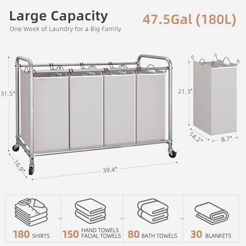 STORAGE MANIAC 4 Section Laundry Sorter, Laundry Hamper with Wheels, Gray