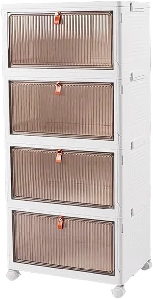 4-Tier Foldable Plastic Drawer Storage with Wheels,Stackable Storage Bins wit...