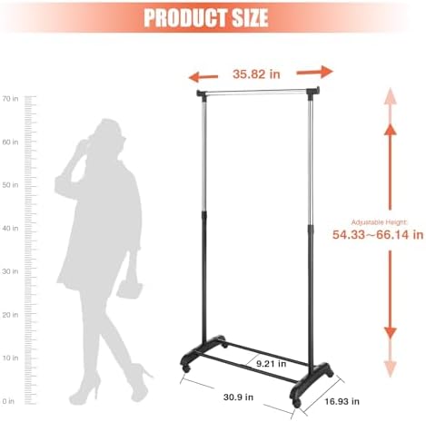 Whitmor Adjustable Garment Rack with Wheels, Rolling Clothes Rack for Hanging...