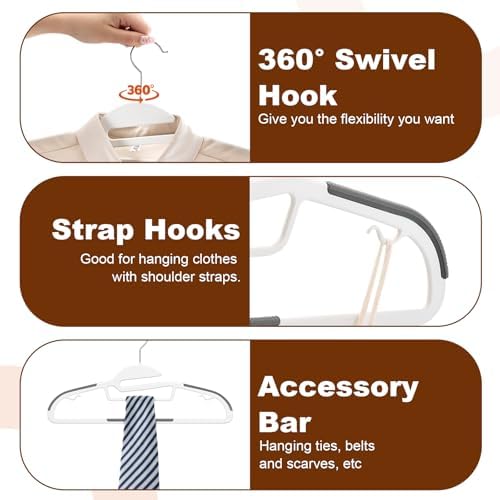 HOUSE DAY Slim Plastic Hangers with Non Slip Rubber Pads, 50 Pack, White