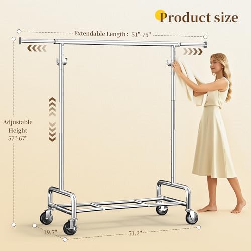 Raybee 75" Wide Clothes Rack with 4 Extra Hooks Heavy Duty Clothes Rack