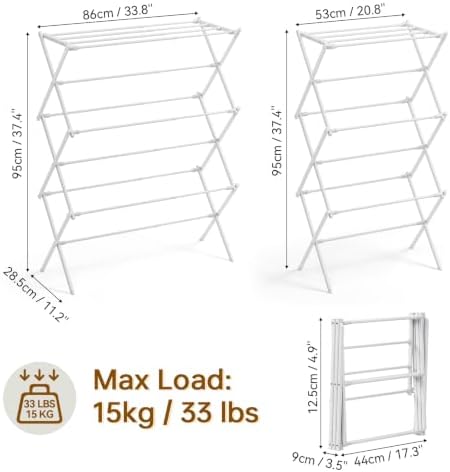 KINGBOARD Clothes Drying Rack, 3-Tier Foldable Extendable, White