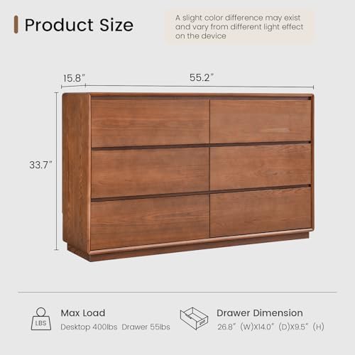 Solid Wood Dresser, 55.2" Wide Mid Century Modern Dresser, Brown