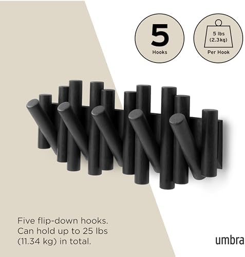 Umbra Picket Coat Rack, Wall Mount 5 Flip-Down Coat Hooks, Black