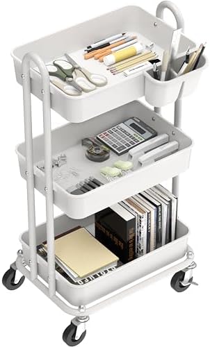 Simple Houseware 3-Tier Rolling Utility Cart with Hanging Bucket, White