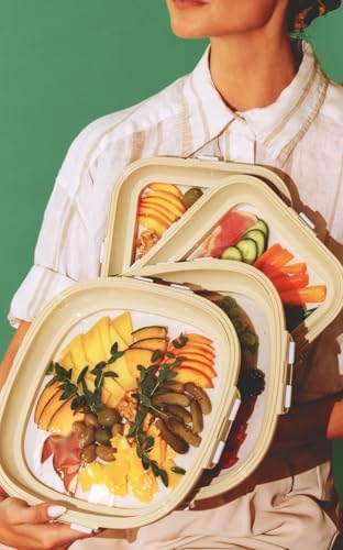 Crudités Portable Stretch-Lid Snack Tray, Square 4-Pack, Cream White