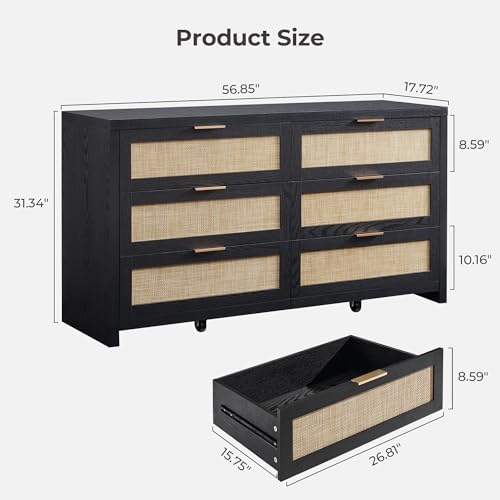 SICOTAS Rattan Dresser for Bedroom, 57" Wide 6 Drawer Dresser
