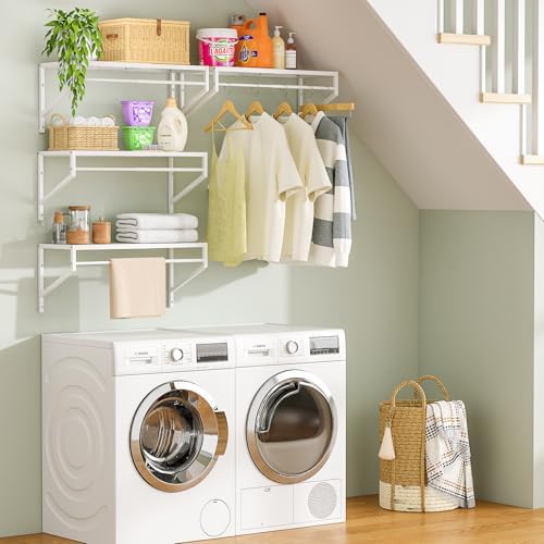 ThreeHio 2 Pack Expandable Laundry Room Shelves with Hanging Rod, Over Washer...