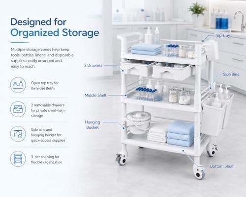 Rolling Utility Cart,Qiwey Medical Utility Cart with Drawers,3-Tier Esthetici...
