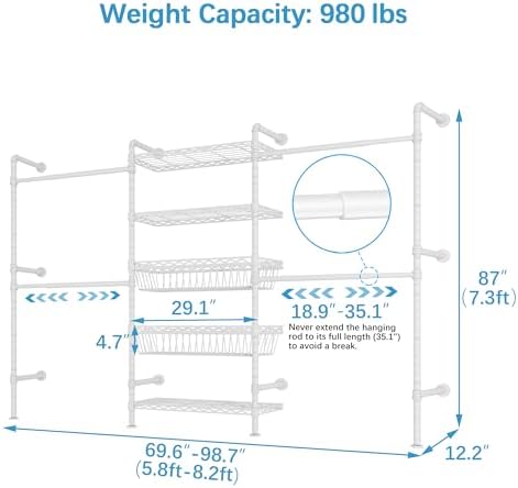 Timate X3i Garment Rack for Hanging Clothes Load 980lbs, Expandable Wall Moun...