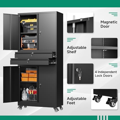 Letaya Metal Garage Storage Cabinet with Wheels,Rolling Tool Cabinet with 4 D...