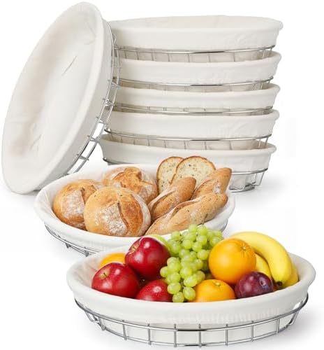 6 Pack Oval Metal Wire Baskets with Liner Cloth for Table Serving 9.5 x 6.2 x...