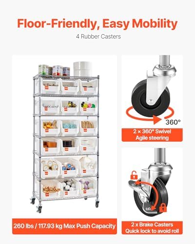 VEVOR 7-Tier Rolling Bin Storage Rack, 18 Organizer Bins, Bin Rack Storage St...