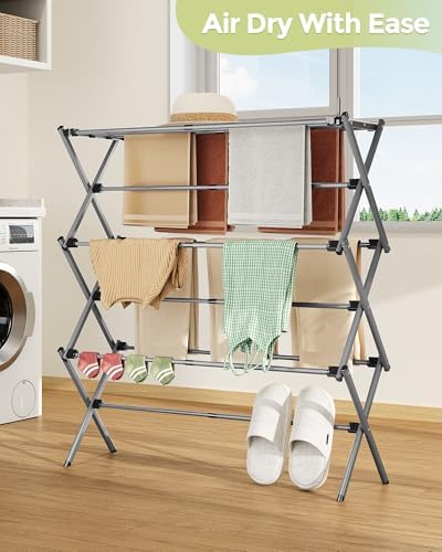 APEXCHASER 3-Tier Foldable Clothes Drying Rack, 37.6" H, Grey/Black