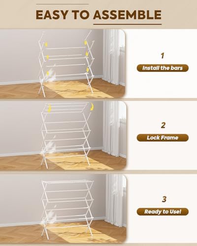 KINGBOARD Clothes Drying Rack, 3-Tier Foldable Extendable, White