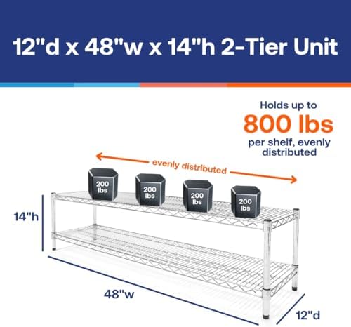 Shelving Inc. 12" d x 48" w Chrome Wire Shelving with 2 Tier Shelves