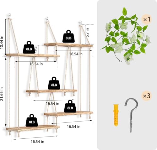 Hanging Shelves for Wall,Macrame Hanging Plant Shelf with Vine Lights 5 Tier ...