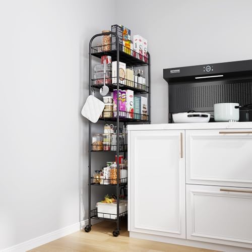 6 Tier Slim Storage Cart with Wheels, Metal Mobile Shelving Unit Organizer Ut...