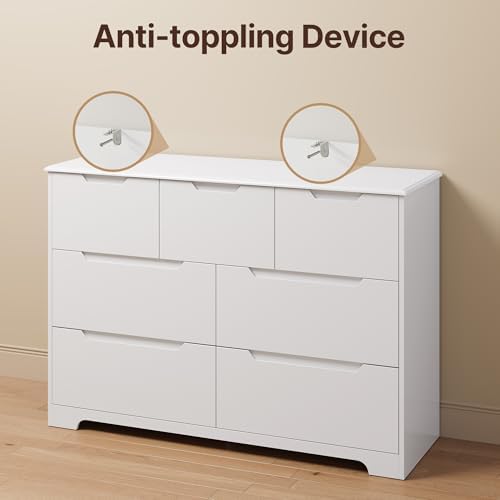 Gizoon 7 Drawer Dresser, 48” Wide White Dresser for Bedroom, White
