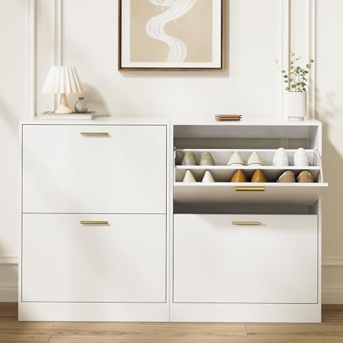 LYNSOM Entryway Shoe Cabinet Set of 2 with 2 Flip Drawers and Top Display, Wh...