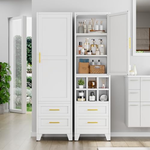67" Tall Narrow Metal Storage Cabinet, Freestanding Pantry Organizer, White