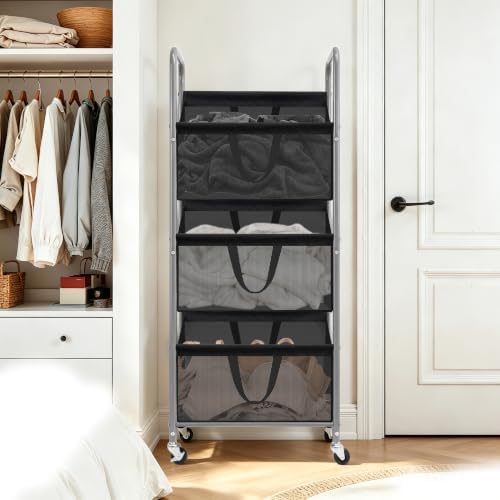 STO STO 3-Tier Vertical Rolling Laundry Hamper, Removable Bags, Black Mesh