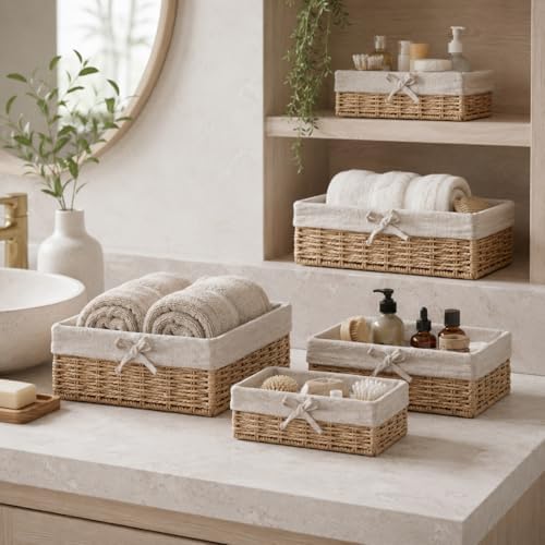 Baskets for Shelves Set of 4, Woven Paper Rope Storage, Khaki
