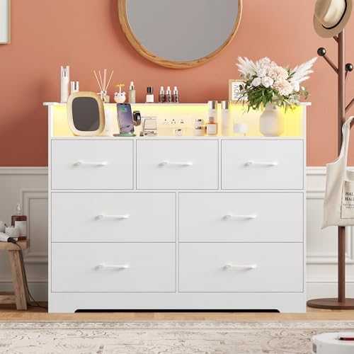 Garvee 7 Drawer Dresser with LED Light and Charging Station, White