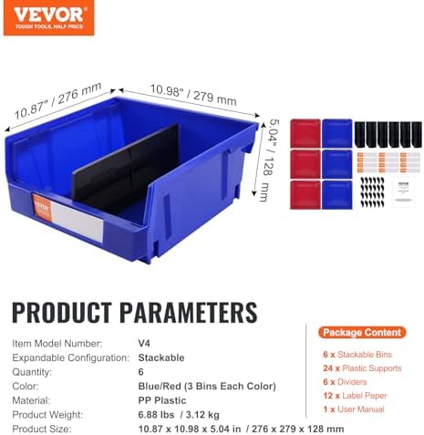 VEVOR Plastic Storage Bins 6 Pack (11 x 11 x 5-Inch), Hanging Stackable Stora...