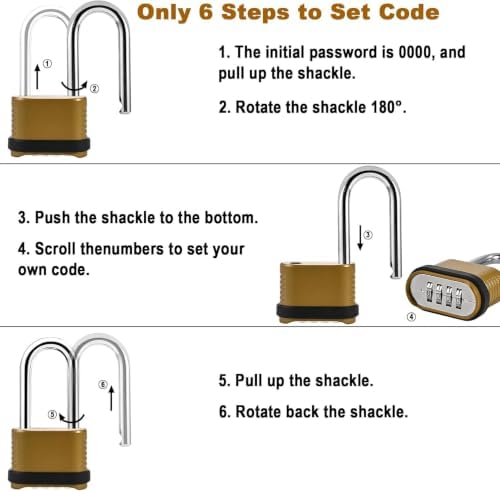 4 Pack Long Shackle Combination Padlock - 105mm Heavy Duty Locks