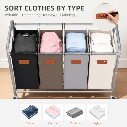 STORAGE MANIAC Laundry Sorter 4 Section, 47.5 Gal Laundry Cart with Wheels