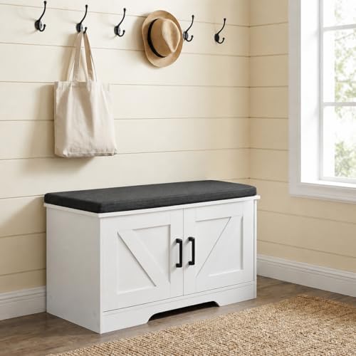 HOMSHO Farmhouse Shoe Storage Bench with 2 Barn Doors & Padded Seat Cushion