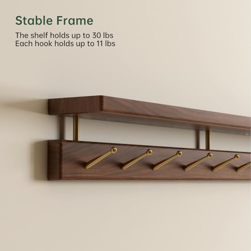 Walnut Wall Hooks with Shelf, Coat Rack Wall Mount, Entryway Hanging Shelf wi...
