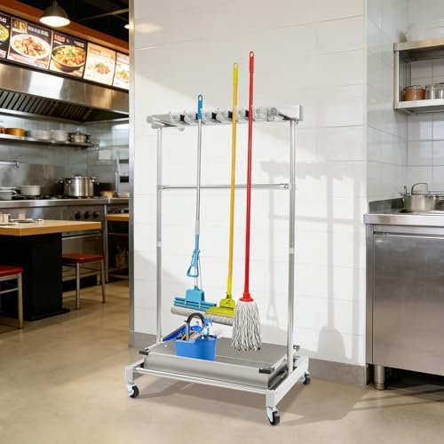 Rolling Mop Holder with Tray, 5 Mops & 12 Hooks, Grab Bar & Crossbar,...